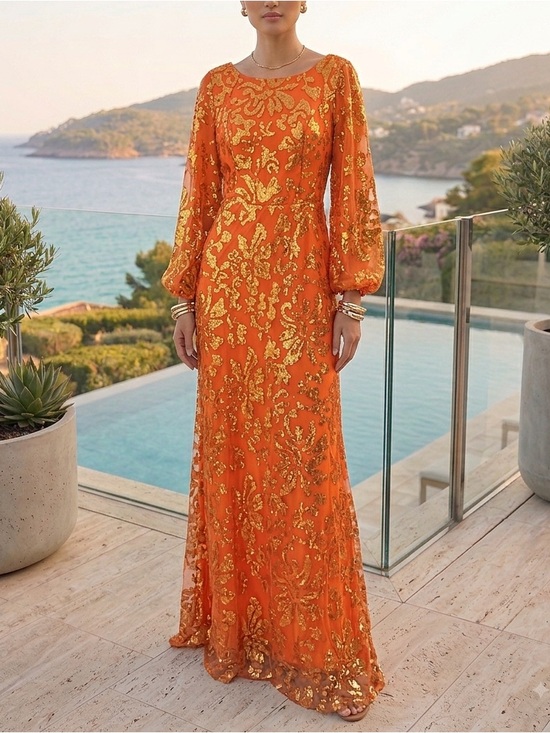 Dresses & Skirts - Elegant Orange Sequin Maxi Dress